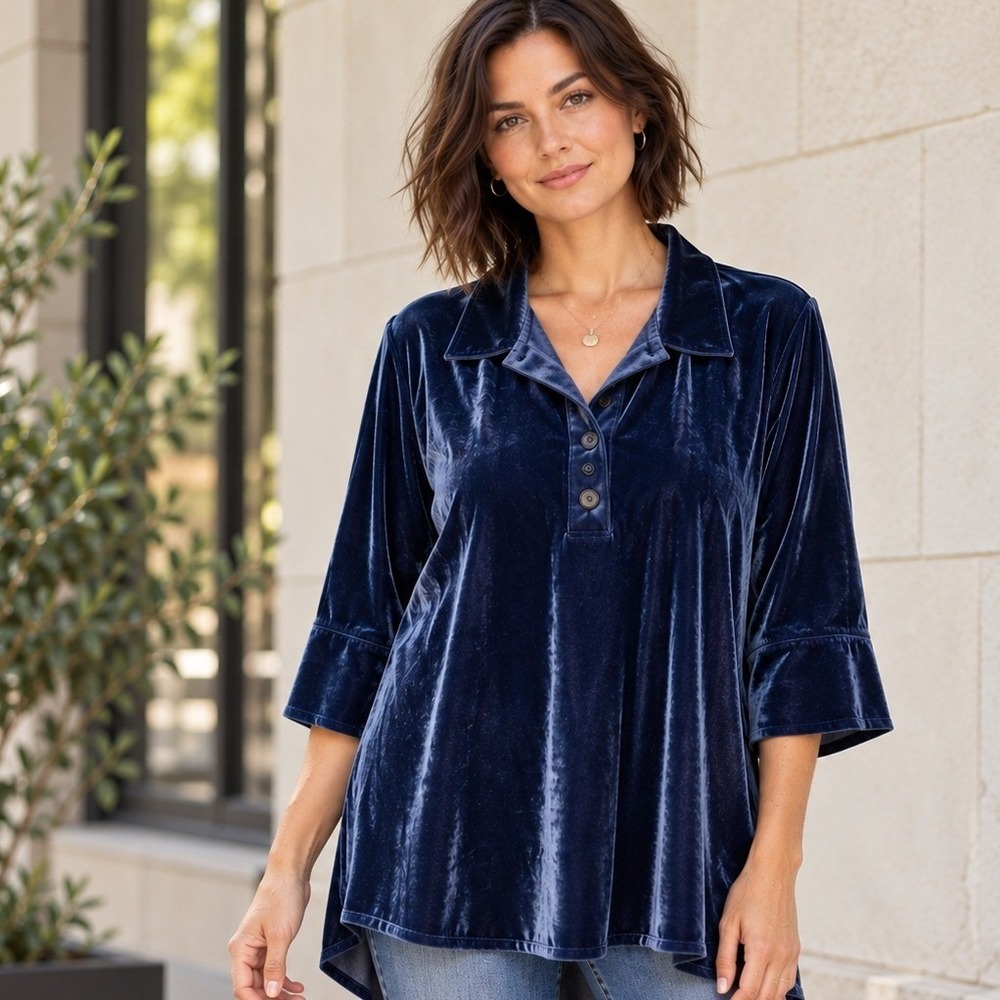 Coldwater Creek Blue Velvet Popover Tunic Top Size 1X Holiday Flowy 3/4 Sleeve